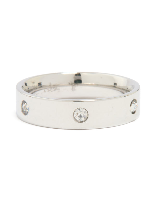 Showcasing a waterproof stainless steel cubic zirconia cocktail band ring in statement style with silver and clear stones front view