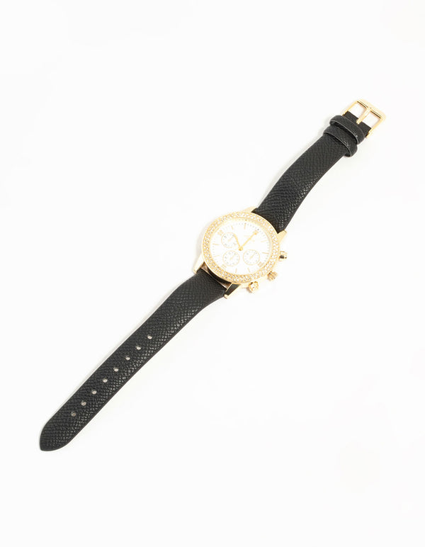Black PU Leather & Diamante Mechanical Watch