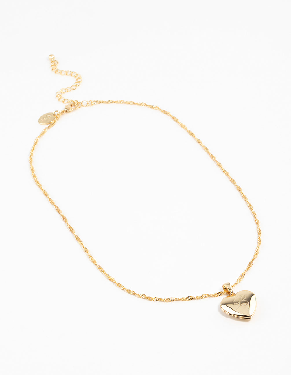 Elegant heart locket necklace with letter B initial in gold plated pendant front view