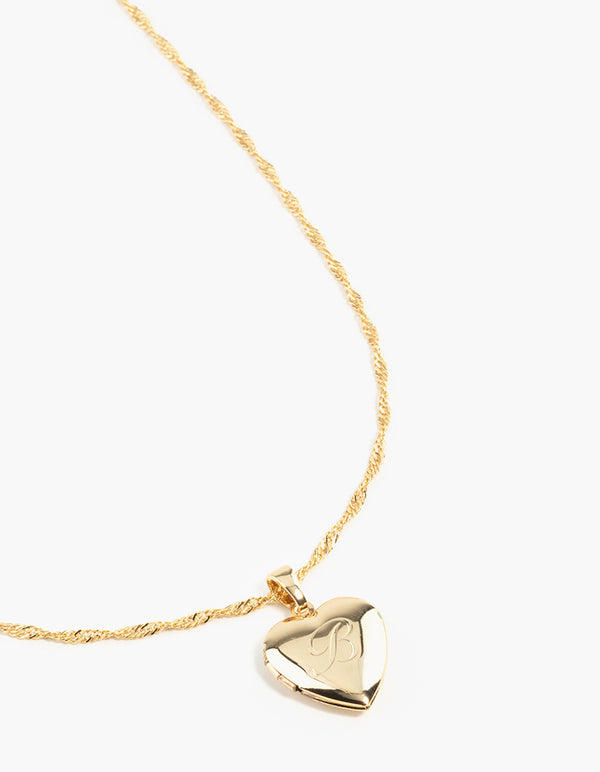 Showcasing a heart locket featuring initials letter B in gold plated pendant necklace close up view