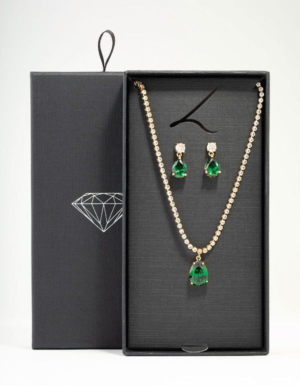 Gold Plated Emerald Diamante Tennis Necklace & Earrings Set