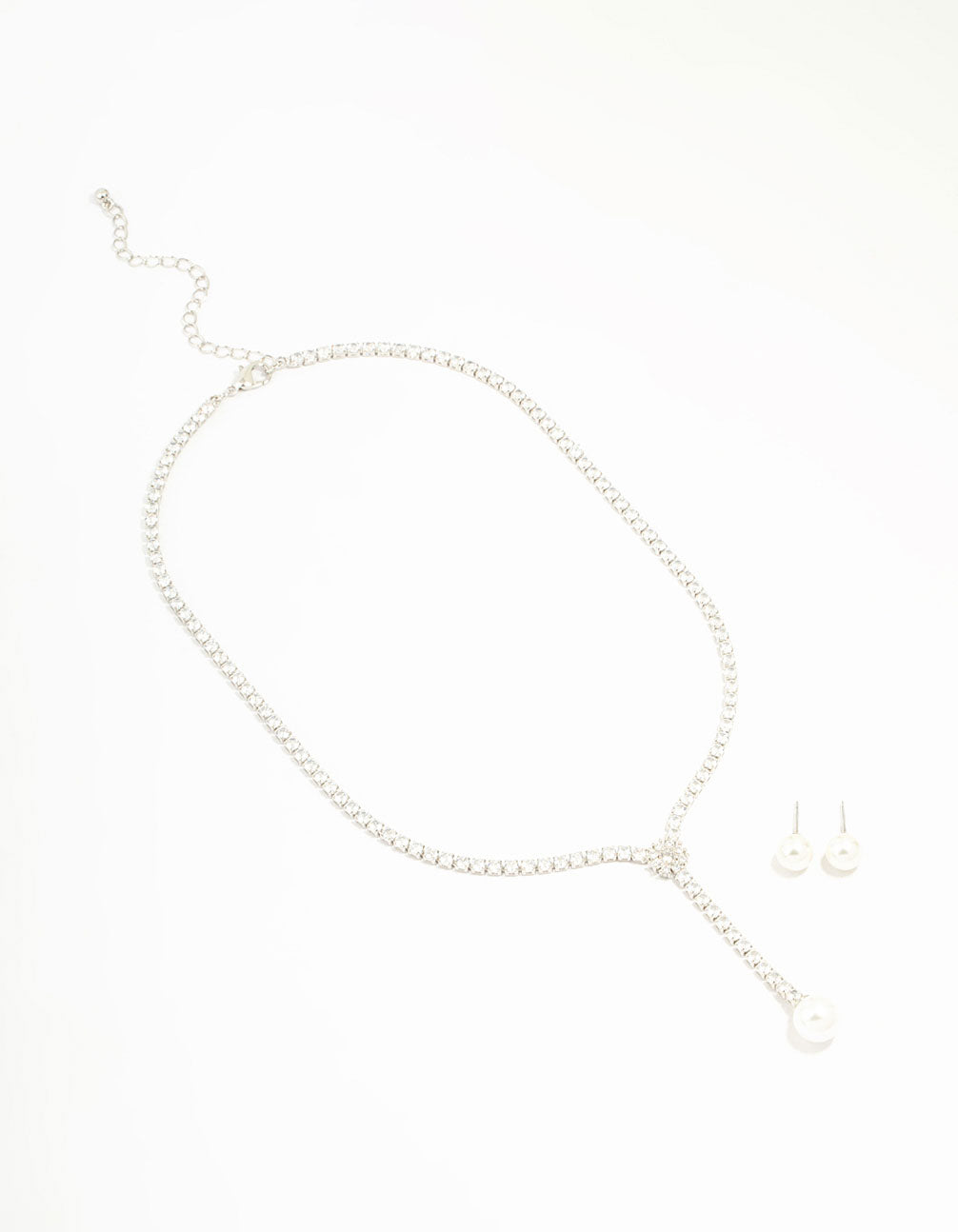 Silver Cubic Zirconia Pearl Y-Necklace & Earrings Set