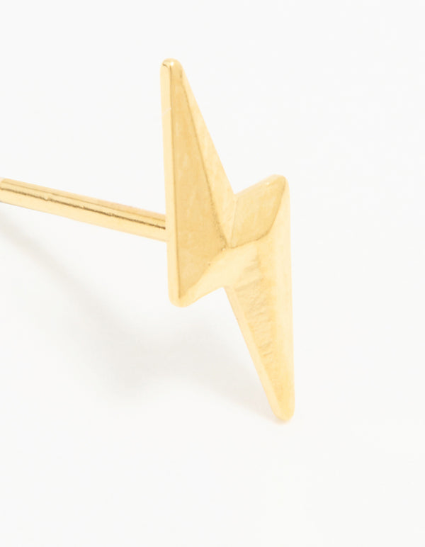 Featuring a 24K gold plated surgical stainless steel lightning bolt piercing stud with closure close up view