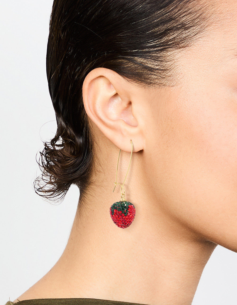 Gold Red Diamante Strawberry Drop Earrings