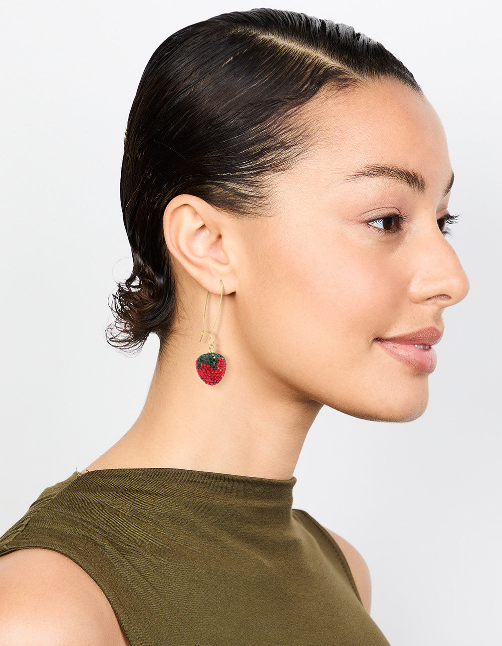 Gold Red Diamante Strawberry Drop Earrings