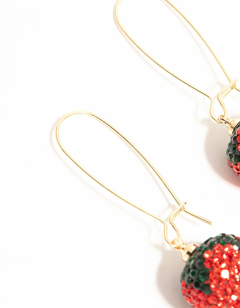 Gold Red Diamante Strawberry Drop Earrings