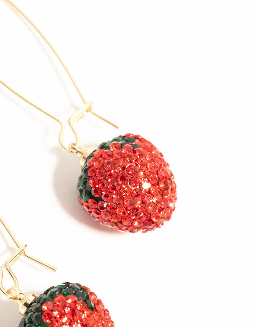 Gold Red Diamante Strawberry Drop Earrings