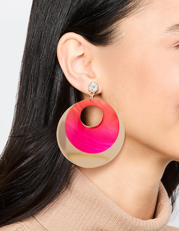 Gold Pink Diamante & Circle Drop Earrings