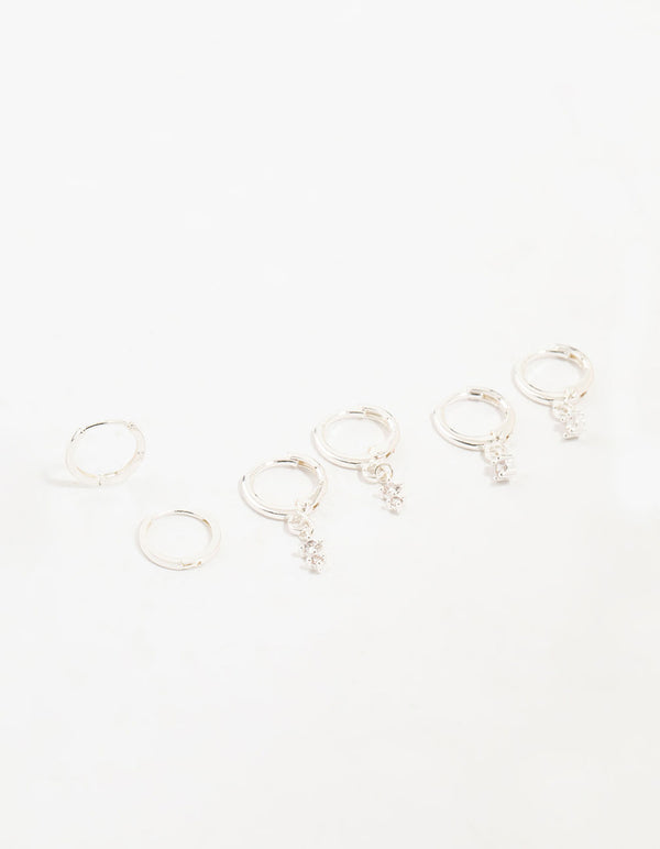 Showcasing dainty charm hoop earrings with cubic zirconia in a 3-pack front view