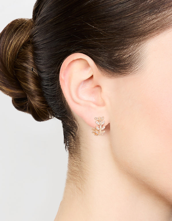Gold Cubic Zirconia Leafy Huggie Earrings
