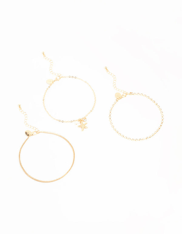 Gold Starfish & Mixed Chain Anklet 3-Pack