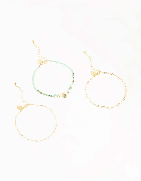 Gold Boho Heart & Mixed Chain Anklets 3-Pack