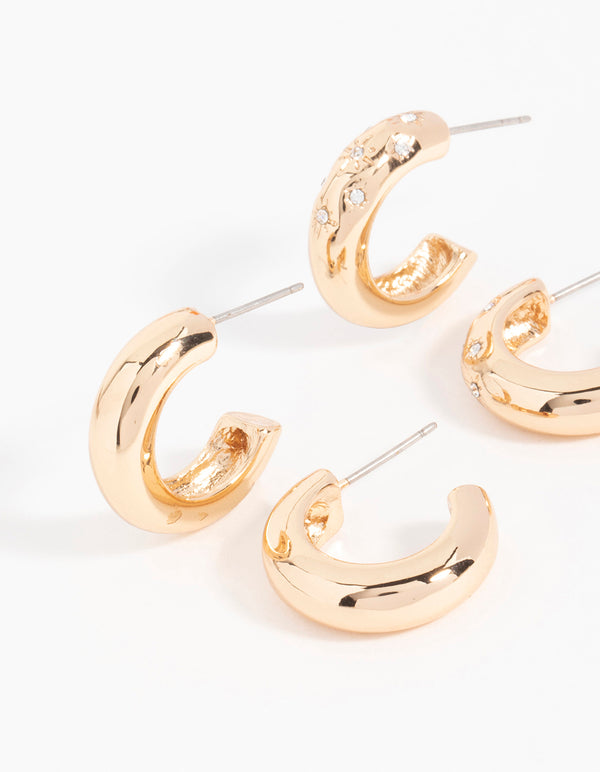 Gold Diamante Sun Detail Hoop Earrings 2-Pack