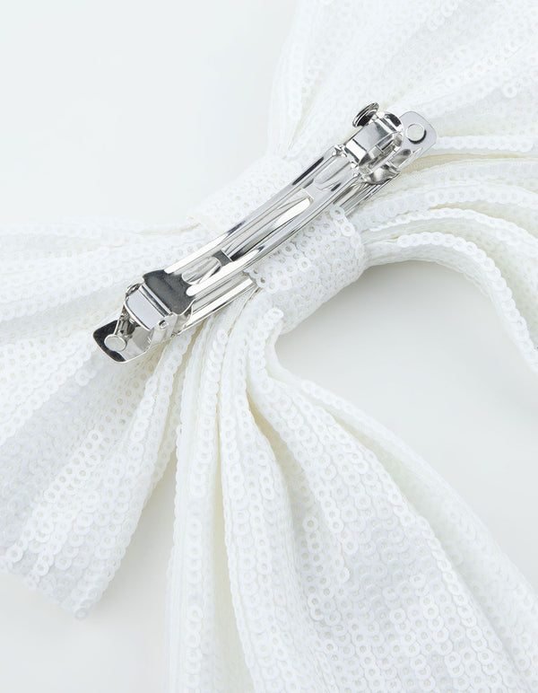White Sequin Fabric Medium Bow Clip