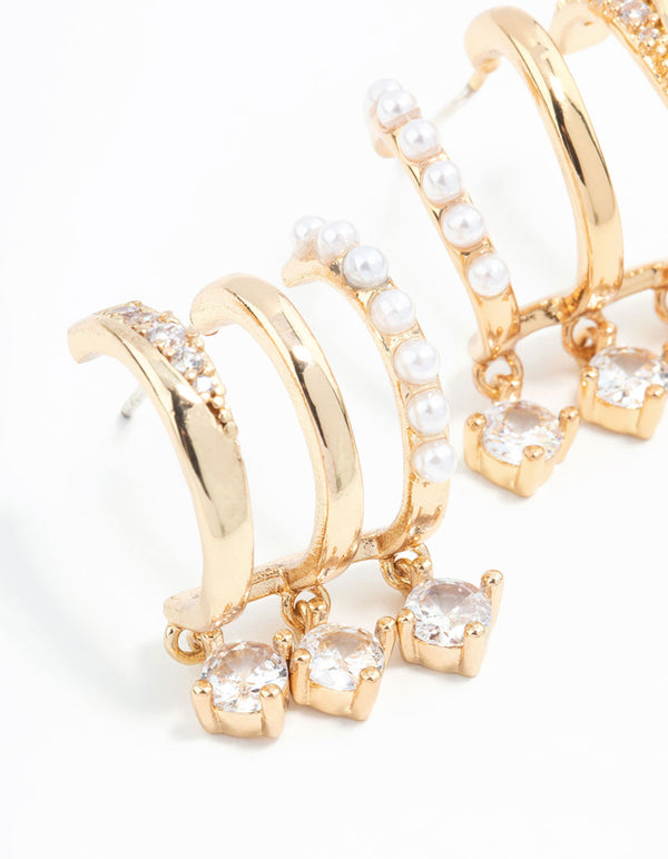Gold Plated Cubic Zirconia & Pearl Illusion Hoop Earrings
