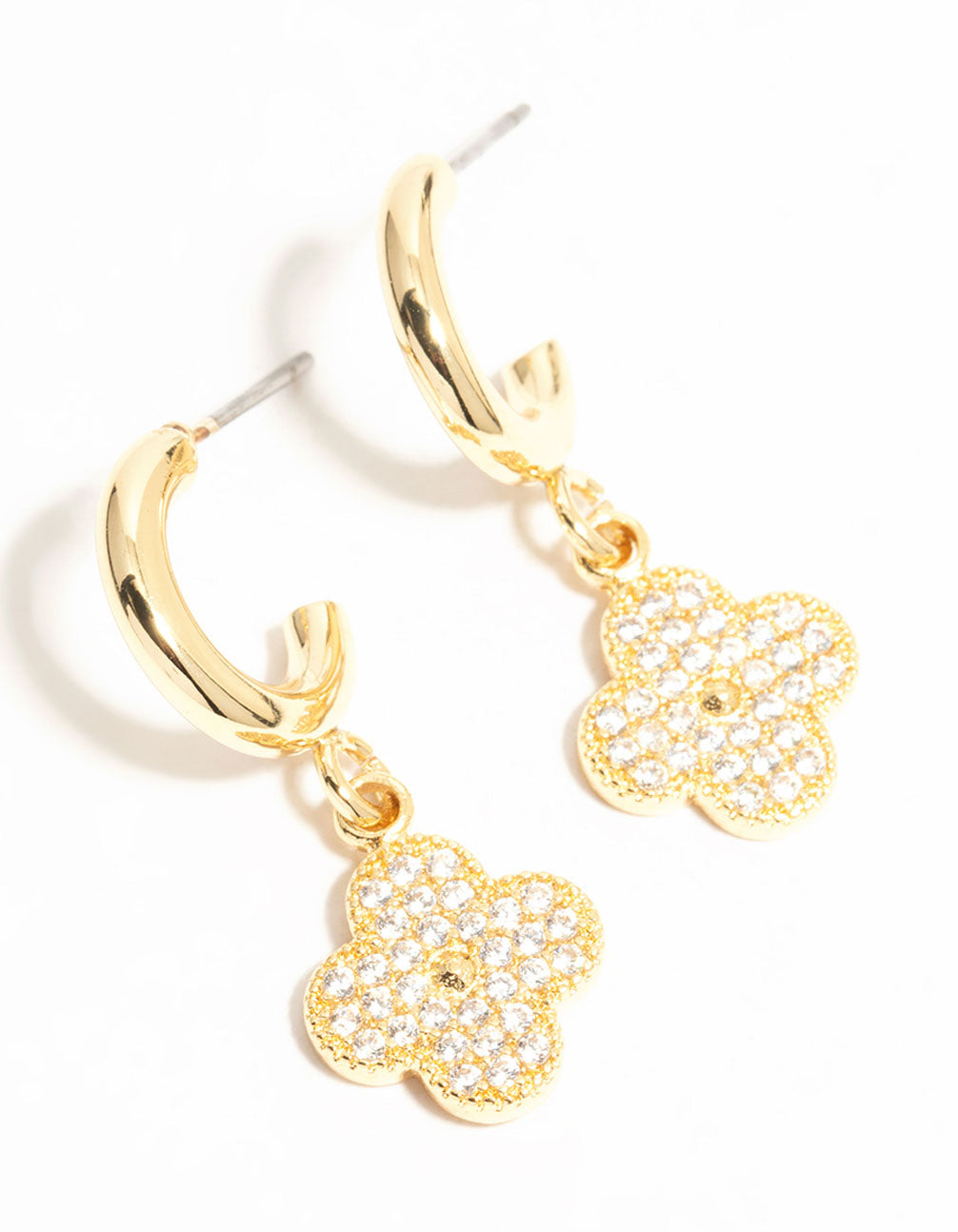Elegant gold plated cubic zirconia flower drop earrings with floral design front view