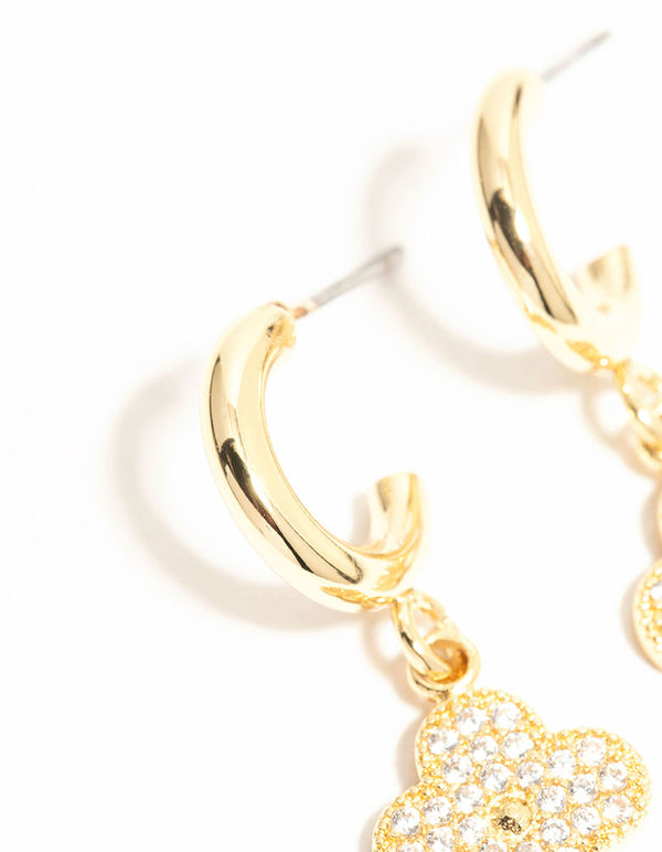 Beautifully crafted gold plated cubic zirconia flower drop earrings with floral design close up view