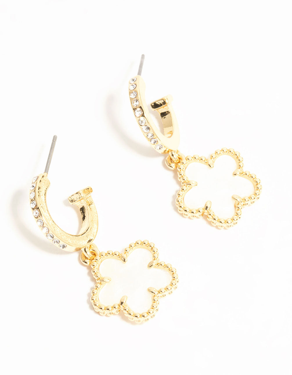 Elegant gold plated flower drop diamante hoop earrings featuring white accents front view