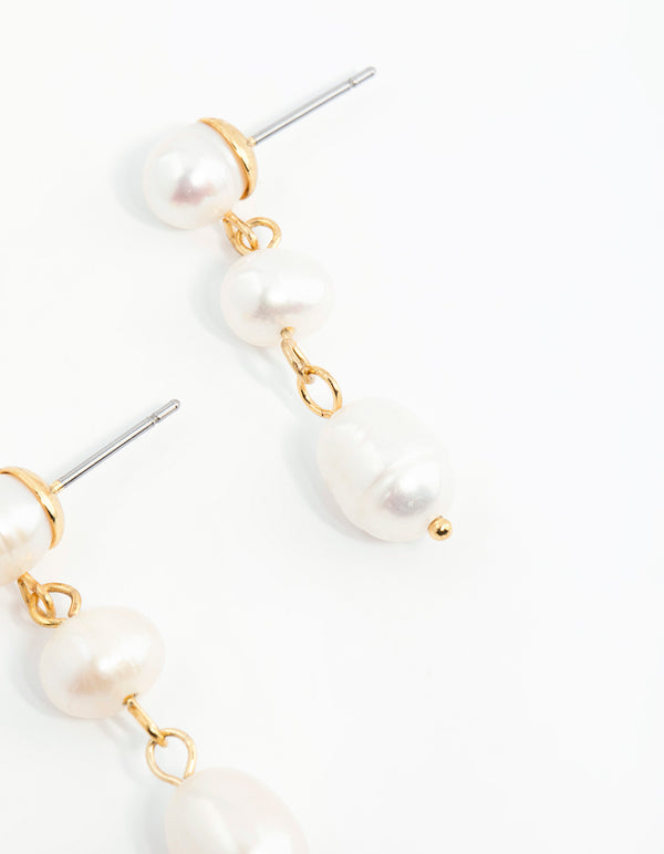 Gold Plated Freshwater Pearl Trio Drop Earrings