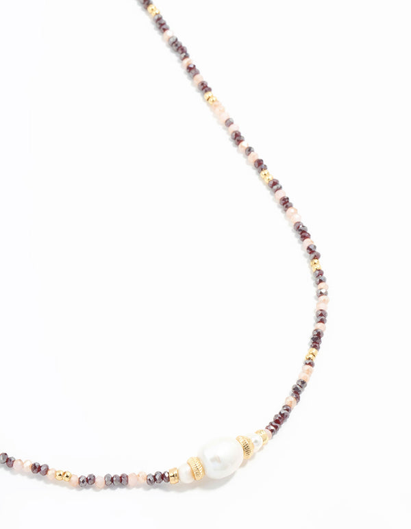 Gold Freshwater Pearl & Mini Purple Bead Necklace