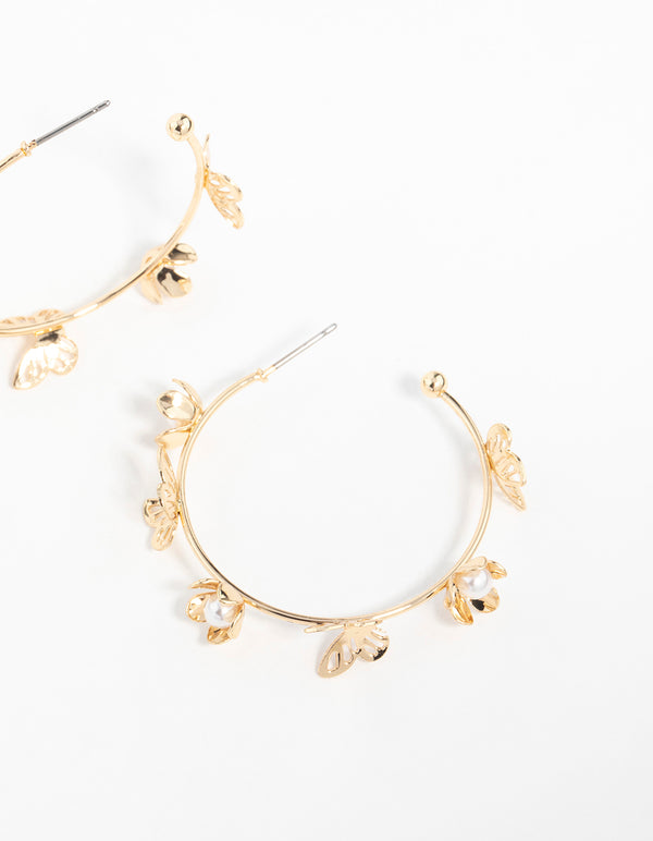 Gold Flower Butterfly Hoop Earrings