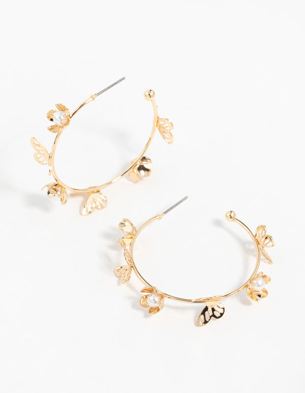 Gold Flower Butterfly Hoop Earrings