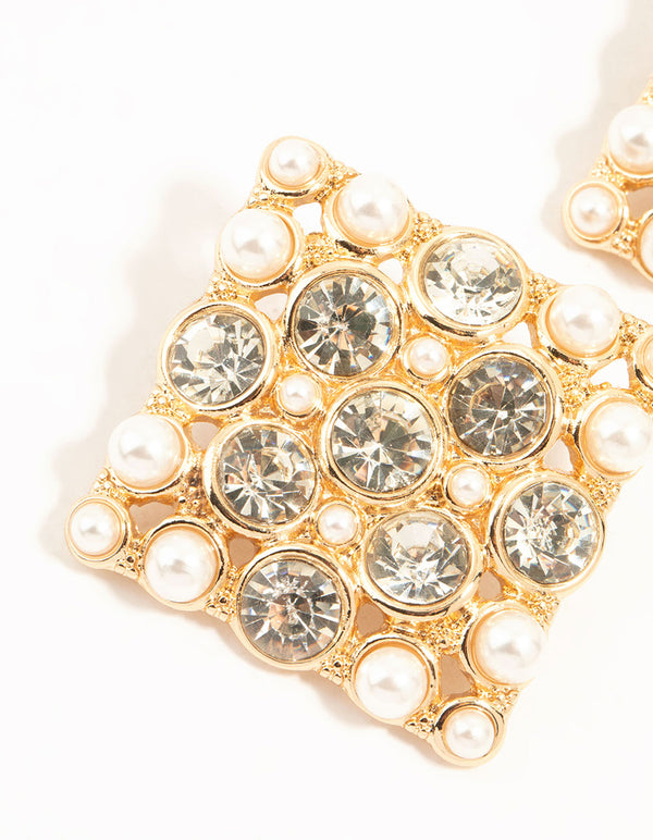 Gold Pearl & Diamante Square Stud Earrings
