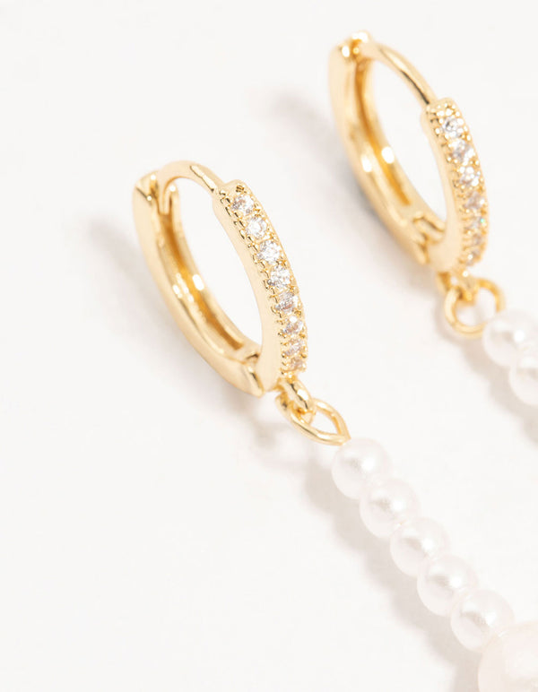 Gold Plated Pearl & Cubic Zirconia Huggie Drop Earrings