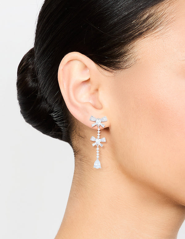 Silver Plated Cubic Zirconia Bow Drop Earrings