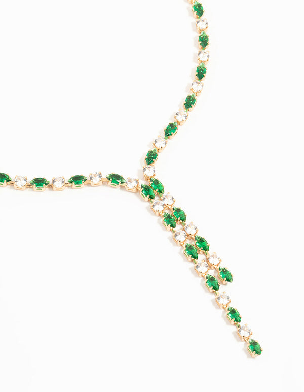Gold Green Cubic Zirconia Marquise Layered Y-Necklace
