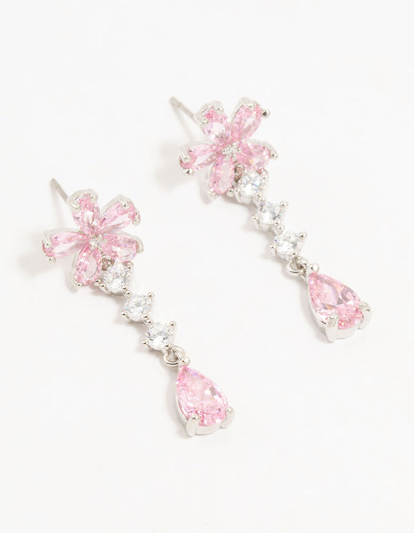 Silver Plated Pink Cubic Zirconia Flower Teardrop Stud Earrings
