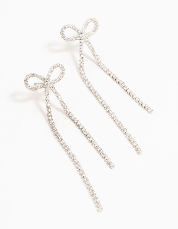 Silver Plated Cubic Zirconia Bow Drop Earrings