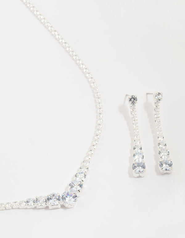 Silver Cubic Zirconia Pointed Earrings & Necklace Set