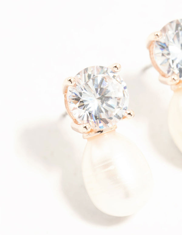 Rose Gold Plated Diamante Freshwater Pearl Drop Earrings