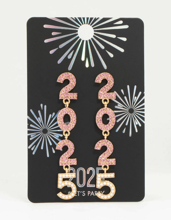 Gold Pink Diamante & Pearl 2025 Drop Earrings