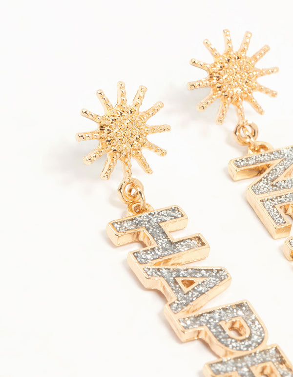 Gold Happy New Year's Eve Diamante Drop Earrings