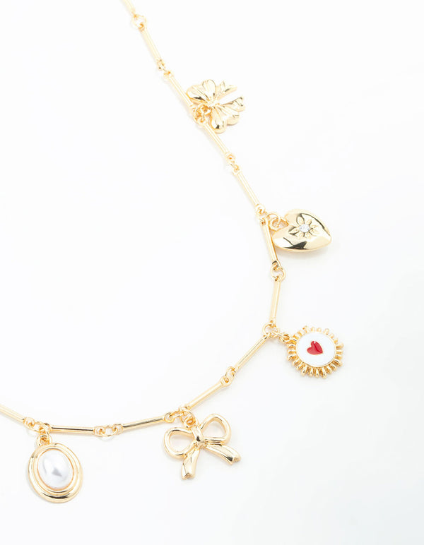 Gold Plated Heart & Bow Charm Necklace
