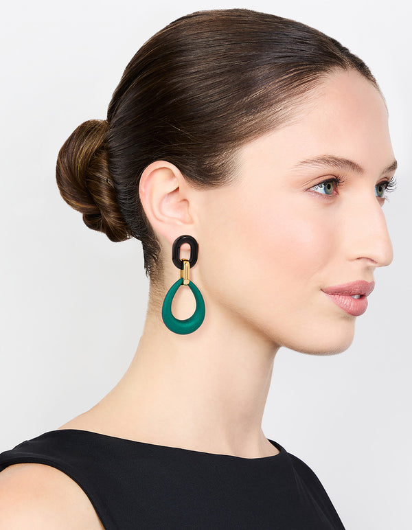 Gold Blue Teardrop Oval Link Drop Earrings