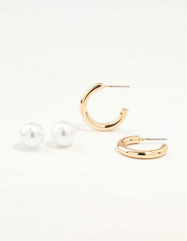 Gold Pearl Stud & Hoop Earrings 2-Pack