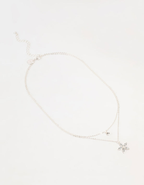 Silver Diamante Flower Layered Necklace