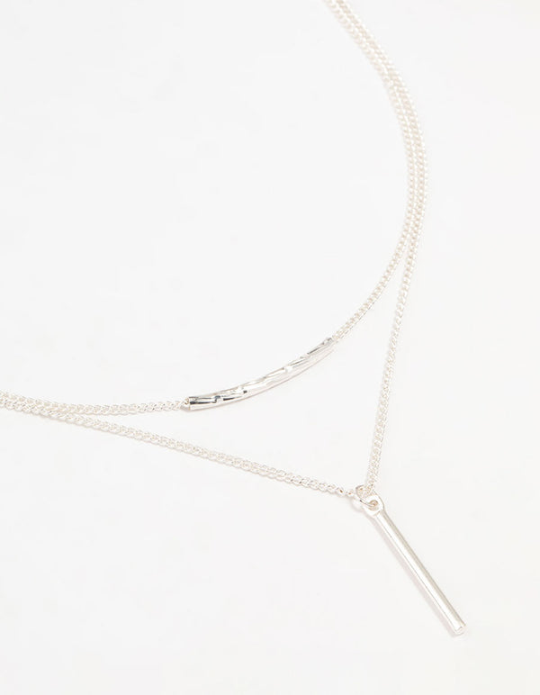 Silver Double Chain Bar Layered Necklace
