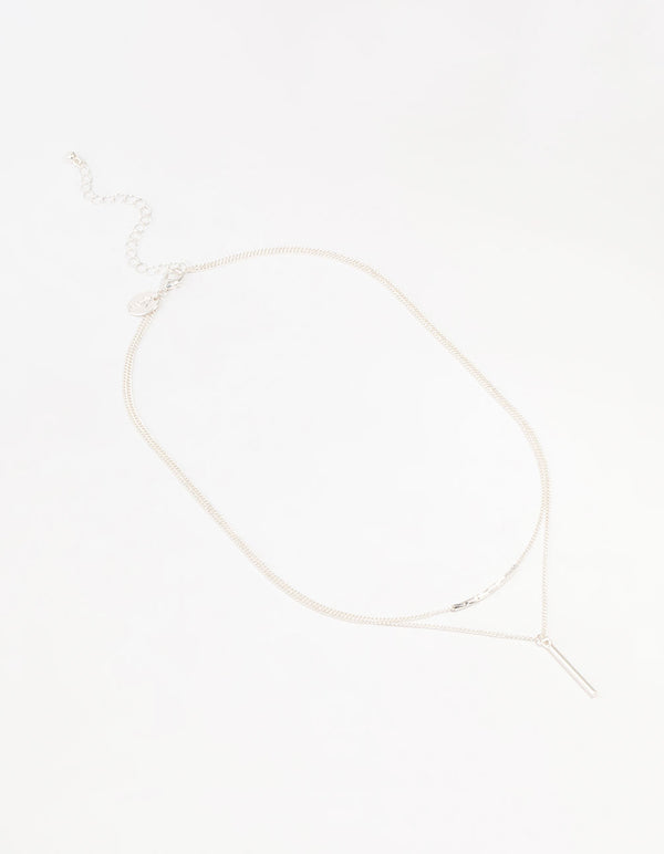 Silver Double Chain Bar Layered Necklace