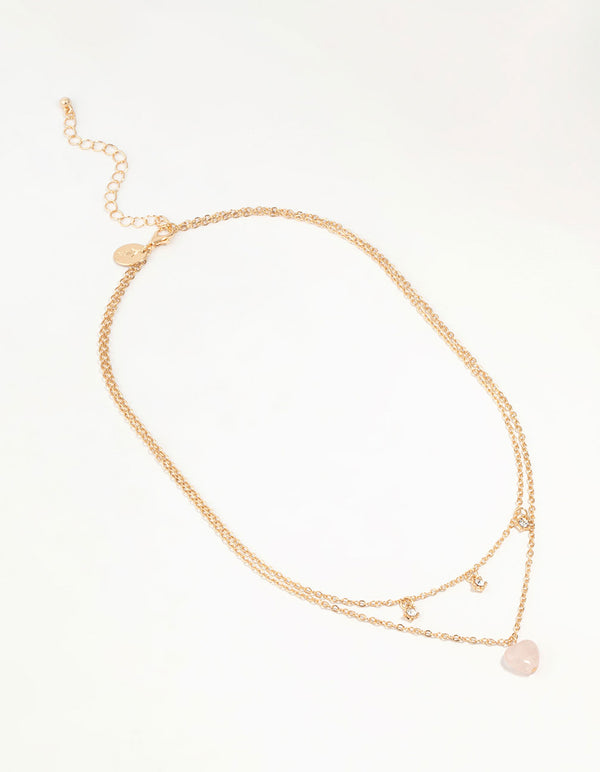 Gold Diamante Pink Heart Layered Necklace