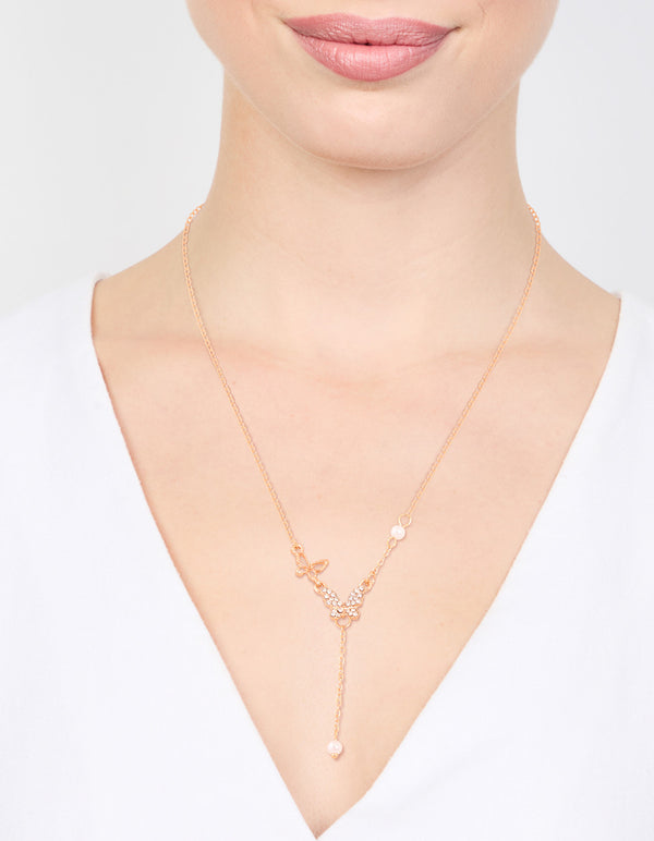Gold Diamante Pearl Butterfly Y-Necklace
