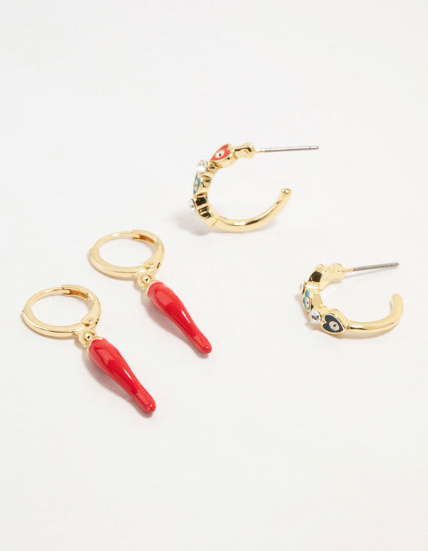 Gold Plated Evil Eye & Chilli Hoop Earrings 2-Pack