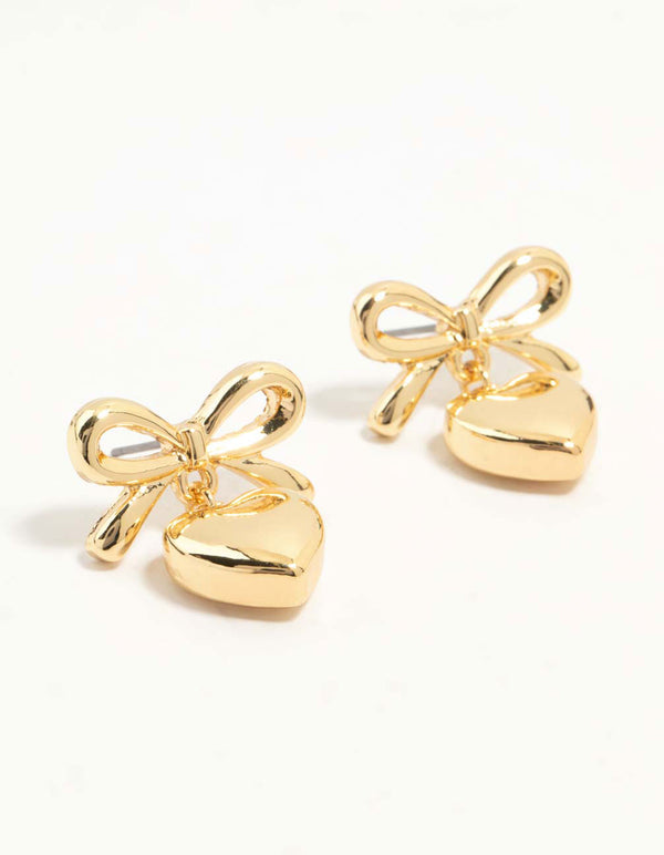 Gold Plated Bow Heart Stud Earrings