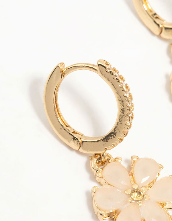 Gold Plated Pink Floral Cubic Zirconia Huggie Earrings
