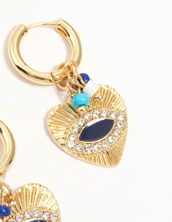 Gold Plated Cubic Zirconia Textured Evil Eye Huggie Earrings