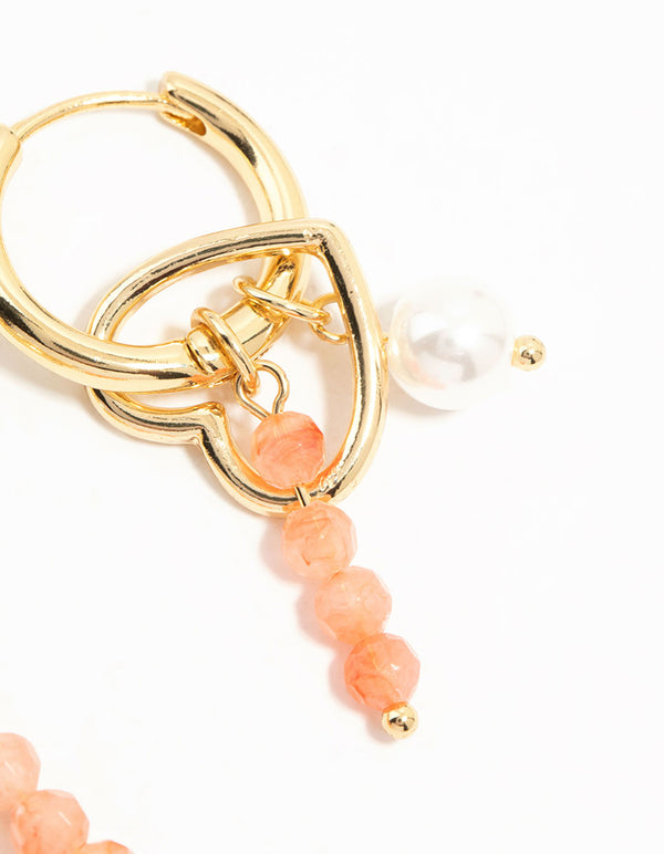 Gold Plated Bead & Pearl Heart Drop Earrings