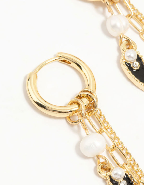 Gold Plated Pearl & Heart Chain Drop Earrings